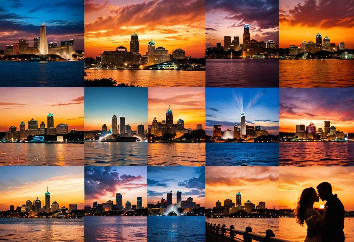 A stunning collage of romantic photographs capturing diverse love stories and special events in Buffalo, featuring iconic landmarks in the background like Niagara Falls and the Buffalo skyline. Include joyful couples embracing, candid moments of celebration, and families laughing together, all wrapped in a warm, golden sunset glow to evoke emotion and nostalgia. Vibrant colors. super-realistic.