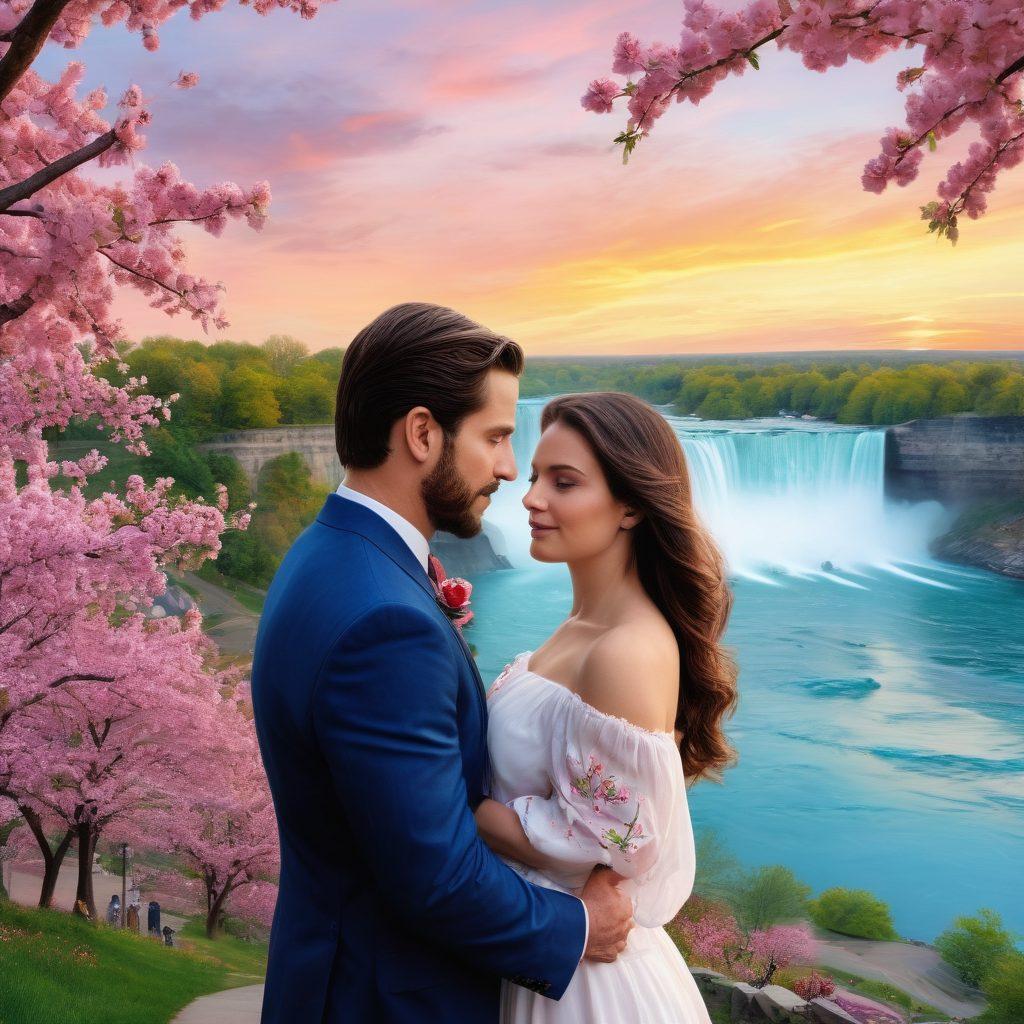 A captivating montage showcasing the beauty of Buffalo, featuring a romantic portrait of a couple in a lively park surrounded by blossoming cherry trees, alongside stunning landscapes depicting the Niagara Falls and the serene waterfront at sunset. Bright, engaging colors emphasized in both portrait and landscape, inviting the viewer to experience the essence of Buffalo. super-realistic. vibrant colors. white background.