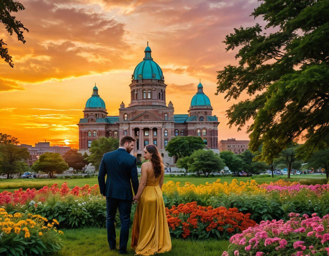 A breathtaking landscape of Buffalo showcasing vibrant natural scenes, with a couple sharing a tender moment amidst lush greenery and blooming flowers. The backdrop features iconic Buffalo architecture under a golden sunset, symbolizing love and nature. Include a camera capturing this enchanting scene, highlighting photography services. super-realistic. vibrant colors. warm lighting.